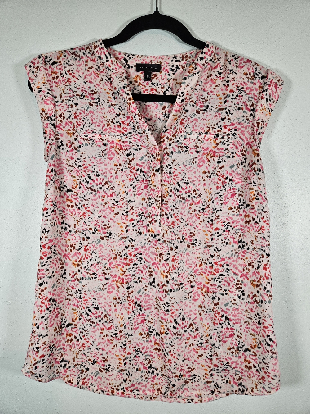 The Limited Pink Multi-Spot Split-Neck Cap Sleeve Blouse